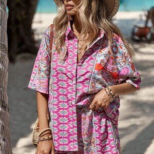 Multicolor Boho Womens Allover Print Drop Shoulder Shirt & Shorts